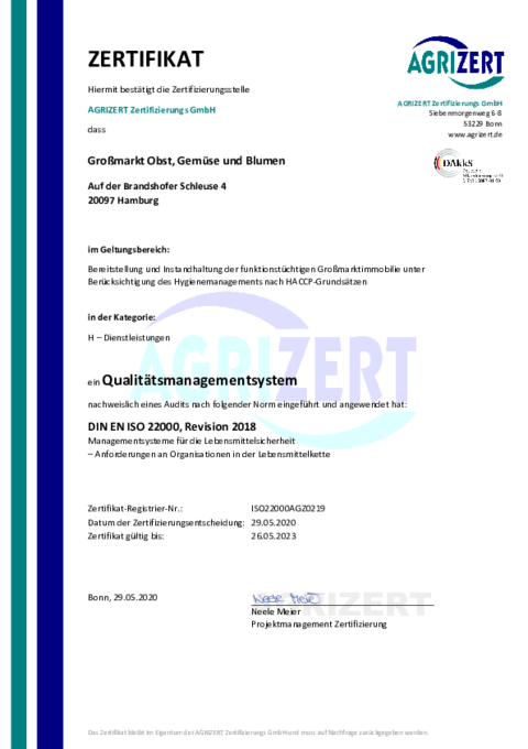 Certificate DIN EN ISO 22000